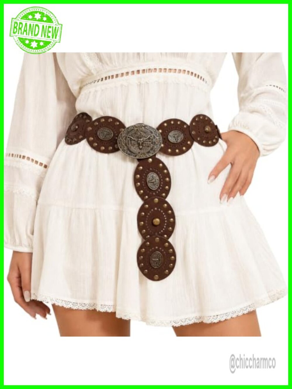 Wide Disc Belt Women Chunky Western Concho Boho PU Leather Waist Belt